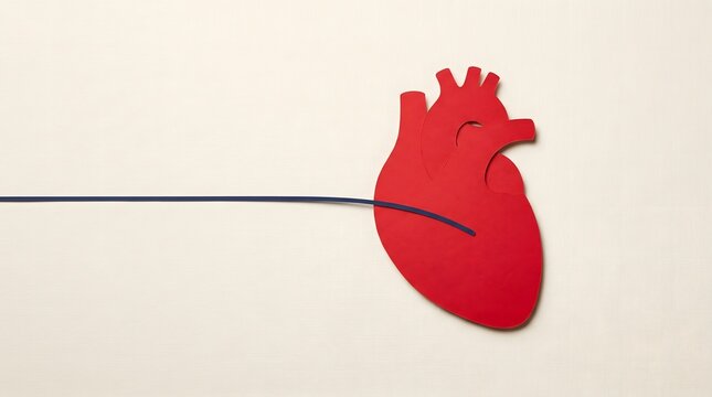 Minimal editorial collage featuring a red heart silhouette with a thin blue catheter line crossing toward it on a cream paper background, symbolizing interventional cardiology and medical innovation. 