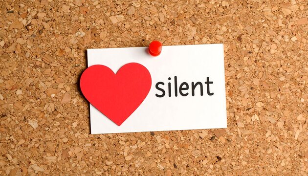 Red heart and word silent on a white note pinned to corkboard