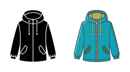 Hooded jacket illustration presented in color and black silhouette versions © As