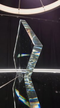 Vertical video: Shifting camera causing prism rotating in studio, ring light casting rainbow edge