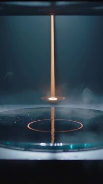 Vertical video: Nozzle releasing droplet down warm beam into shallow dish at lab, creating ripples