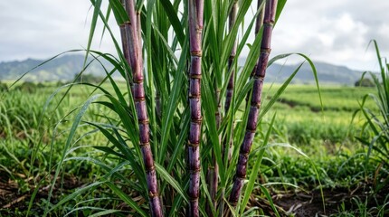 Obraz premium Close up of vibrant purple sugarcane stalks growing in a lush green field with distant mountains in the background