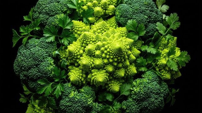Close up of fresh romanesco broccoli and green broccoli florets with parsley against a dark black background for healthy eating concepts