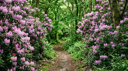 Obraz premium Lush rhododendron bushes bloom along a winding forest path surrounded by vibrant green trees and foliage in springtime