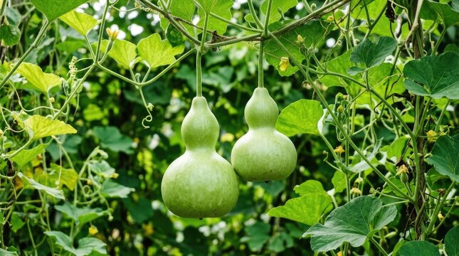 Two young bottle gourds hanging from vines amidst lush green foliage in a vibrant garden setting