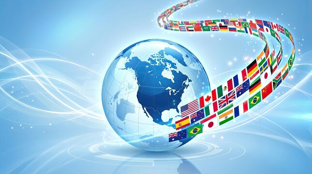 A vibrant illustration of planet earth surrounded by flowing flags representing global unity and international connections on a blue background