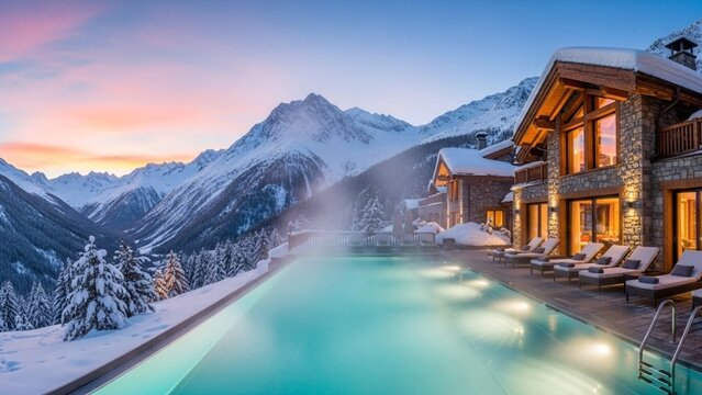Luxury Alpine Chalet with Heated Infinity Pool at Sunset