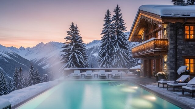 Luxury Alpine Chalet with Heated Outdoor Pool at Sunset