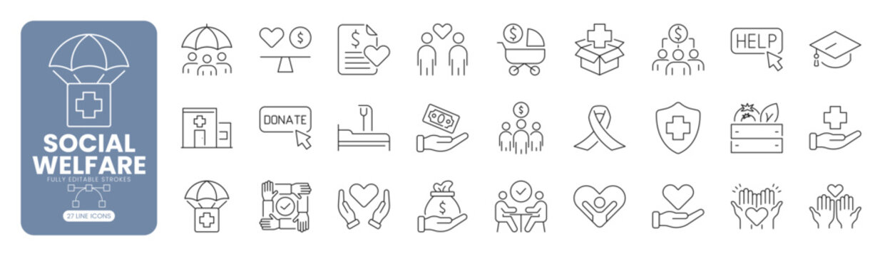 Social welfare and charity web line icon set with donation, healthcare, community support, humanitarian aid, nonprofit assistance and charitable giving concepts. Editable stroke