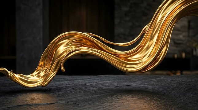 Golden liquid swirl flowing on dark stone surface luxurious 3d rendering