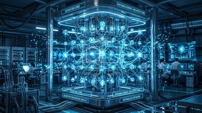 Futuristic scientific laboratory with advanced glowing quantum computer core