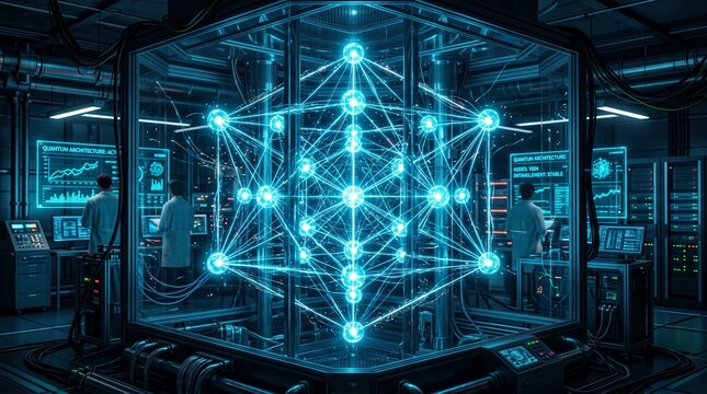 Advanced Quantum Computing Core in a Futuristic Research Laboratory Visualizing Complex Data Structures for Next-Generation Artificial Intelligence and Digital Innovation
