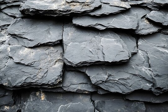 Close up view of overlapping dark grey slate roof tiles with rough texture and layered pattern