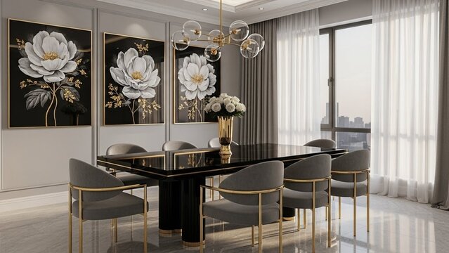 Modern Elegant Dining Room Interior with Grey Velvet Chairs and Floral Artwork