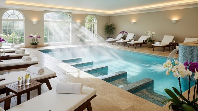 A bright, elegant indoor hydrotherapy pool featuring sunbeams streaming through arched windows, water jets, reclining loungers, and orchid floral decor.