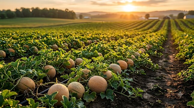 Cantaloupe melons growing in rows on a sunny farm field at sunset