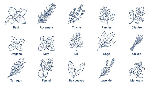 Hand drawn culinary herbs line art vector icon set with names