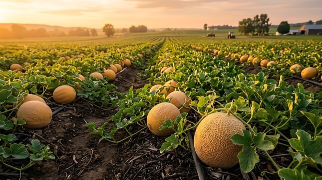Cantaloupe melons growing in rows on a sunny organic farm field at sunset