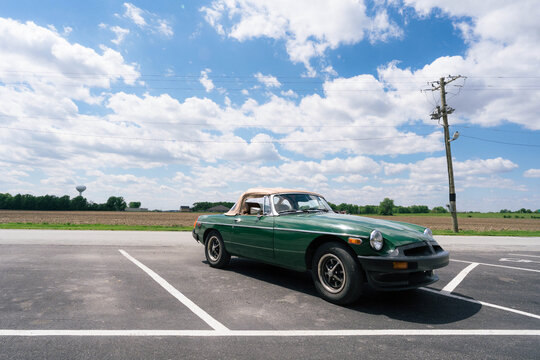 Green MGB Roadster parked outside in Casey, Illinois, May 2026
