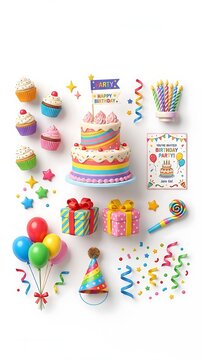 Colorful cartoon birthday party objects collection with cake and gifts on white background