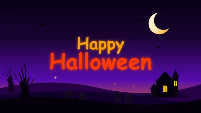 Halloween Night Spooky Landscape with Moon and Haunted House Silhouette Illustration