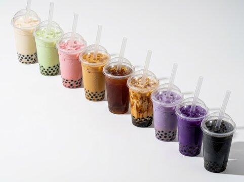 Bubble tea lineup on white background with colorful tapioca pearl drinks