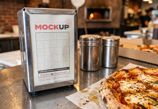 Tabletop Napkin Holder Branding Mockup in PIzzeria