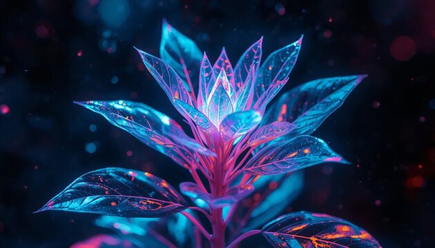 Bioluminescent neon plant with glowing translucent leaves in blue and pink tones, set against a dark atmospheric background with floating particles, creating a futuristic luminous botanical digital ae