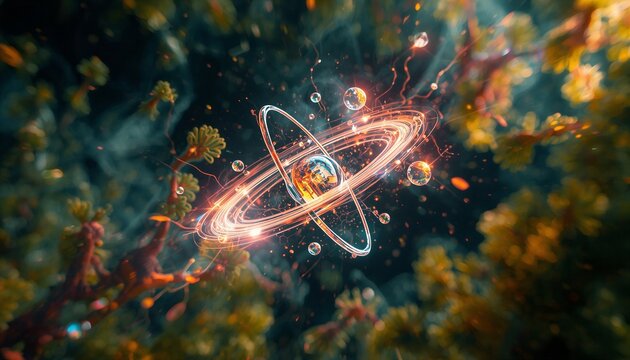 Glowing atomic structure with a radiant nucleus and luminous orbiting particles surrounded by colorful energetic shapes, creating a vivid fusion of scientific complexity