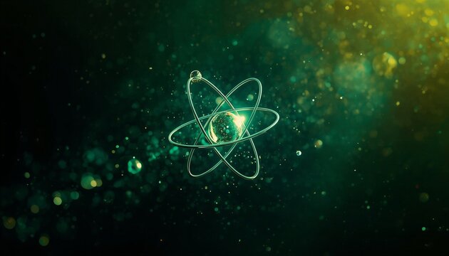 Glowing atomic structure with bright nucleus and dynamic electron orbits set against a vibrant green‑yellow background, symbolizing energy, science, physics, and microscopic matter 