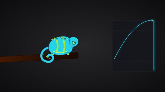 Digital illustration of a cute blue chameleon perched on a branch with graphic curve interface