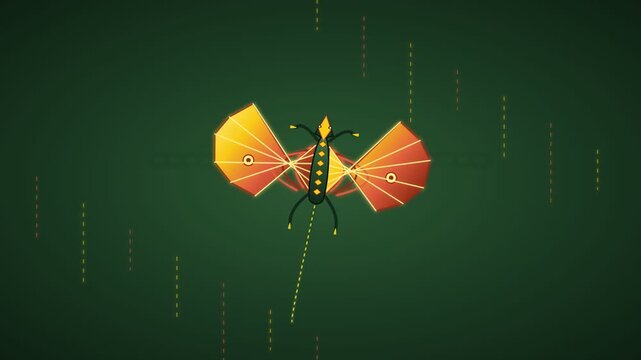 Futuristic mechanical insect flying over digital code background with glowing wings
