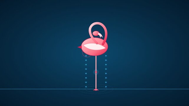 Minimalist vector illustration of a pink flamingo standing on one leg against a dark blue background