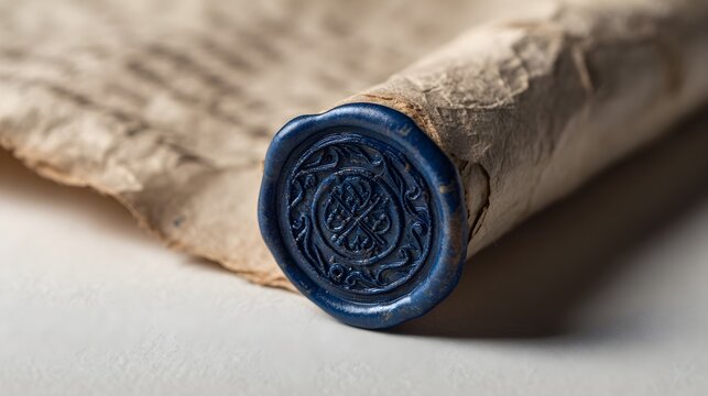 Detailed view of a blue wax seal on a rolled weathered parchment scroll