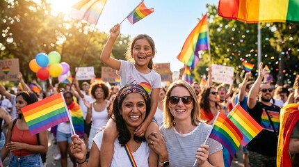 Fototapeta premium Shared Pride: Lesbian Mothers and Child at Pride Event