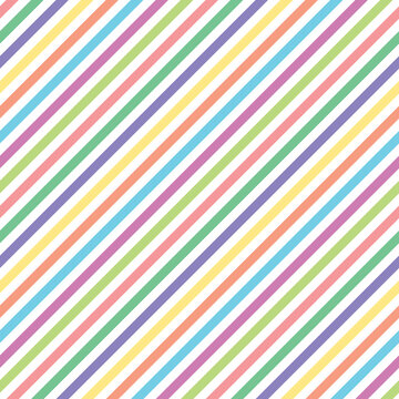 Colorful pastel diagonal stripes in pink, purple, yellow, blue and green on white. Cheerful geometric pattern for spring designs, kids decor, stationery, packaging and wrapping paper.