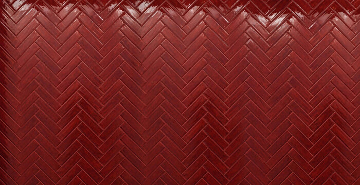 Glossy deep red ceramic tiles arranged in a glossy herringbone zig zag pattern