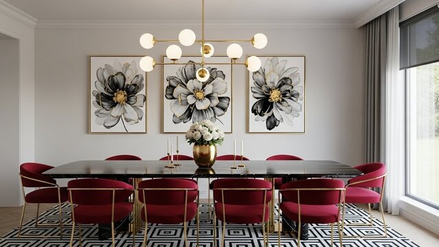 An elegant dining room setup featuring rich red velvet chairs with brass accents, a black dining table, brass chandelier, and floral wall art.