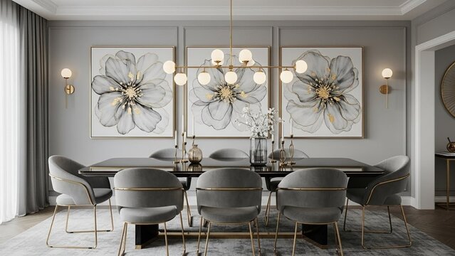 A sophisticated dining room design featuring grey upholstered chairs, a dark dining table, a brass chandelier, and floral canvas wall art.