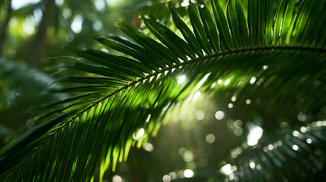 Sunlight Filtering Through Lush Green Tropical Palm Leaf