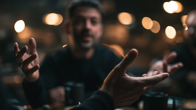 Men Having Engaging Discussion and Gesturing at Cafe Table