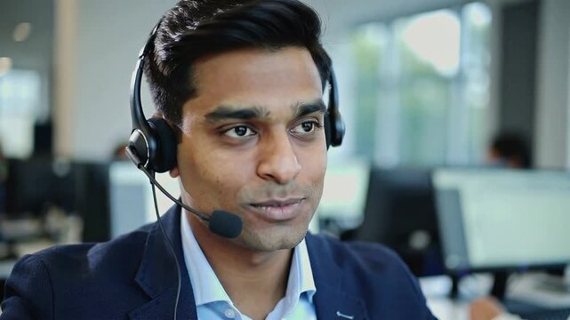 Call center worker engages with customers in an office setup during the day