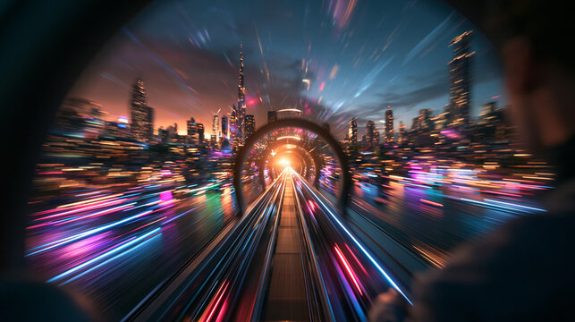 Futuristic High Speed Train Moving Through City at Night