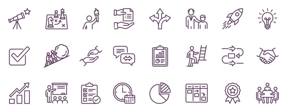 Set of professional icons representing effective leadership and team management strategies for modern business development and success