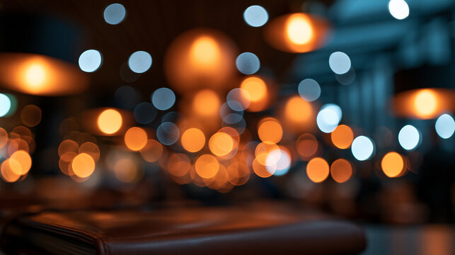 Defocused Restaurant Interior with Warm Bokeh Lights Background