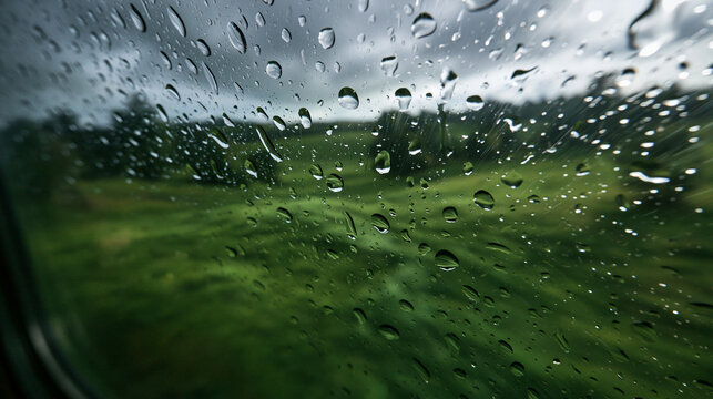 Raindrops on Train Window with Blurred Green Landscape View