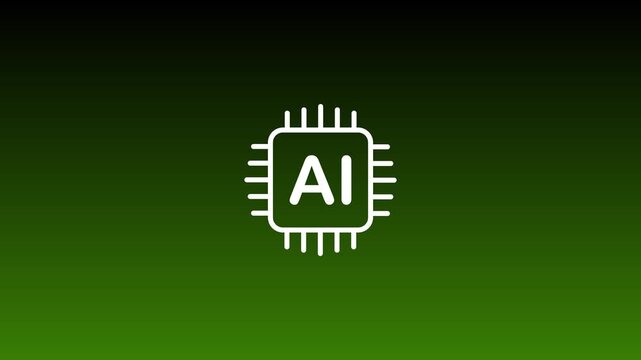 Artificial intelligence chip icon animation with glowing dark green gradient background loop.