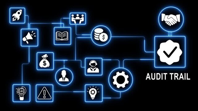 Audit trail concept with glowing digital and network flowchart for corporate compliance, financial reporting, and business process automation