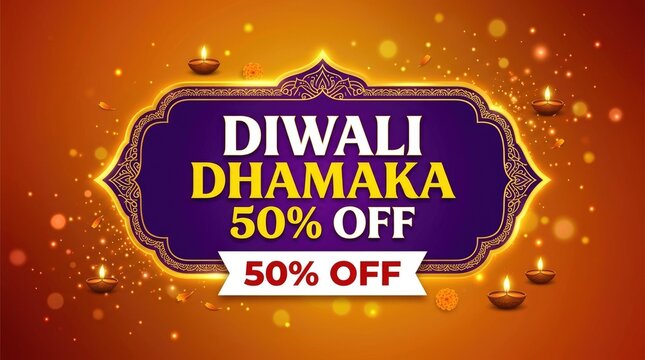 Diwali promotional banner with golden text diwali dhamaka and 50% off discount offer on festive background sale promotion holiday sale golden design golden lettering