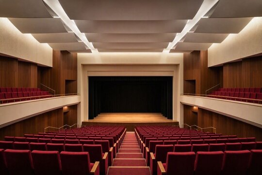 Traditional theater or auditorium interior with red seats and empty stage